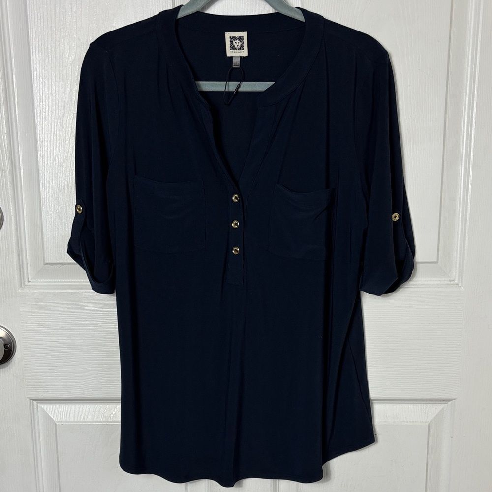 ANNE KLEIN Navy blue blouse sleeve tabs half sleeve size Large vneck nautical
